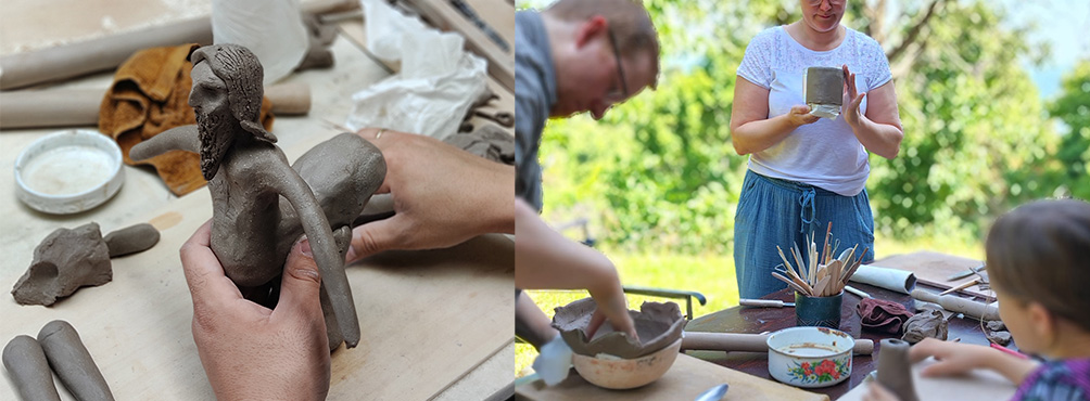 Hands-on ceramic workshop in Pelion with participants sculpting clay in an outdoor setting. A sensory experience combining creativity, mindfulness, and nature.