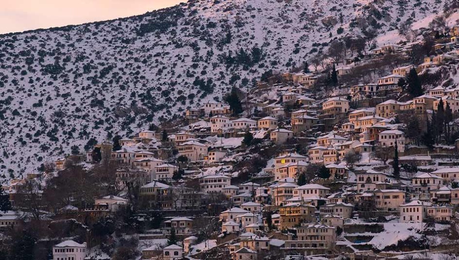 Snow-covered village in Pelion, Greece