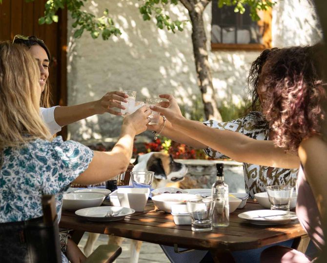 friends-toasting-outdoor-table-pelion-villas Friends toasting at an outdoor table with traditional Greek food, enjoying a cheerful gathering under the sun at Pelion-villas.com.