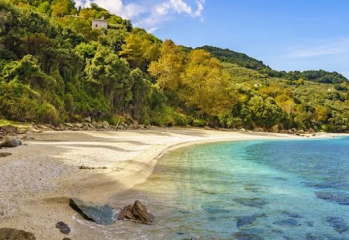 xrysi-ammos-pelion-villas A golden sand beach surrounded by lush greenery in Pelion, Greece, Pelion-villas.com.