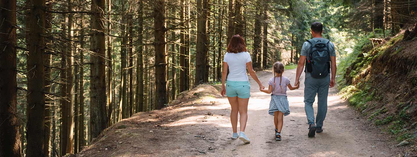 family-hiking-pelion A family hiking along a forest trail in Pelion, Greece.