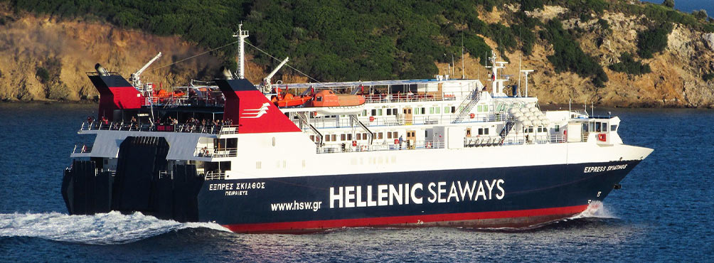 Ferry boat "Express Skiathos" of Hellenic Seaways sailing near the coast