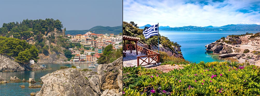 Διπλή εικόνα με την Πάργα και έναν βραχώδη ελληνικό όρμο με γαλάζια νερά, παράκτια βλάστηση και ελληνική σημαία.