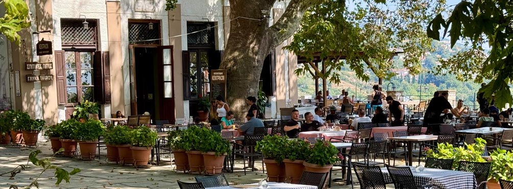 Παραδοσιακό καφενείο στο Πήλιο με τραπέζια στην πλατεία κάτω από πλατάνια και κόσμο που απολαμβάνει το γεύμα του με θέα στο βουνό.