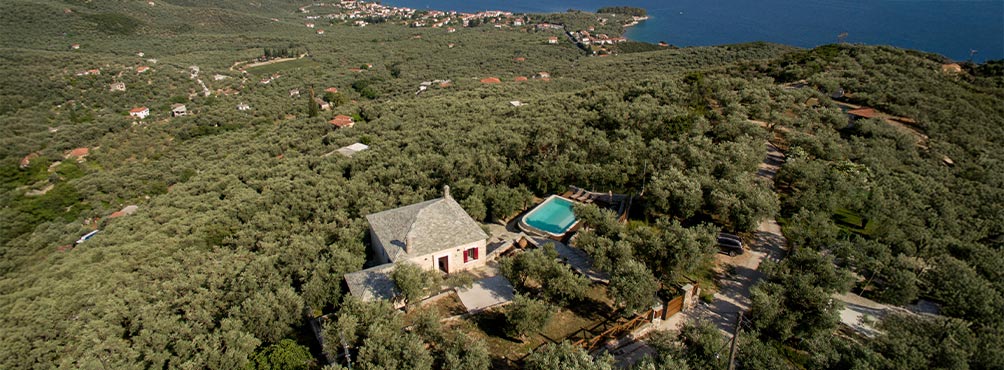 Εναέρια θέα βίλας στο Πήλιο μέσα σε ελαιώνες με ιδιωτική πισίνα στις Pelion Esties
