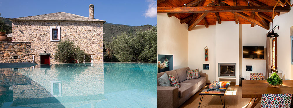 Collage with a stone villa with a private pool and a cozy living room with a fireplace in Pelion.