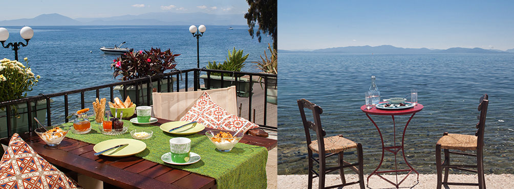 Collage with a seaside breakfast and a small table with sea view in Pelion, in a peaceful, authentic setting.
