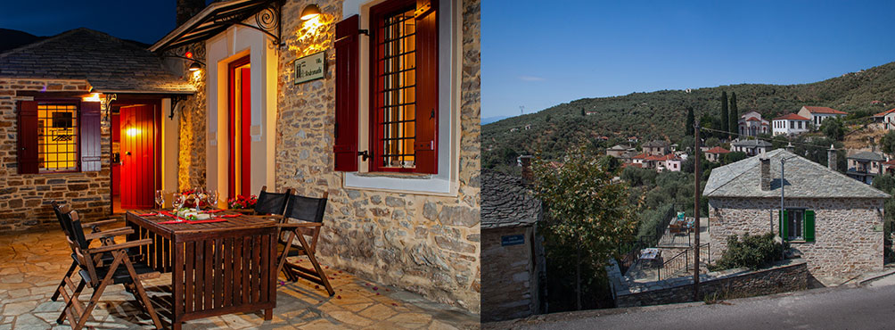 Collage with an evening dinner table in the courtyard of a traditional villa and a view of a mountain village in Pelion with stone houses. 