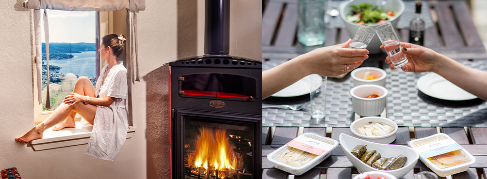Collage with a woman enjoying the view from the window and a scene with tsipouro and traditional meze on a table in Pelion.